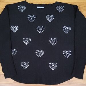 LIV Milano Black Heart Sweater • Rhinestone Hearts • Long Sleeve Knit • Size M